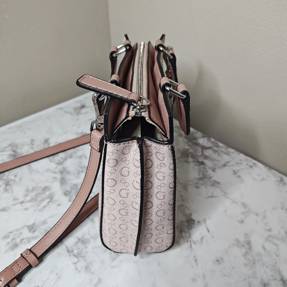 Guess Meera Satchel Handbag Light Rose Pink Monogram